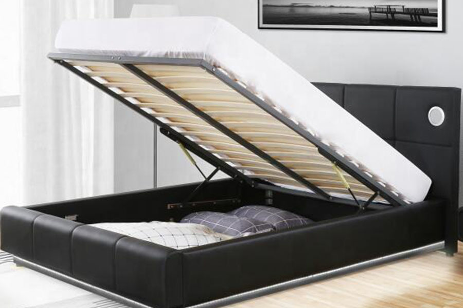 1239-1GS Estructura de cama con almacenamiento y elevación a gas con altavoz musical LED de cuero PU