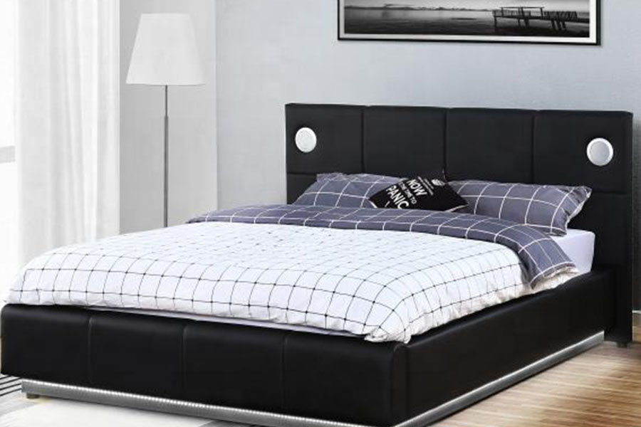 1239-1GS Estructura de cama con almacenamiento y elevación a gas con altavoz musical LED de cuero PU