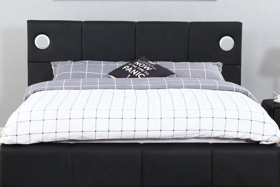 1239-1GS Estructura de cama con almacenamiento y elevación a gas con altavoz musical LED de cuero PU