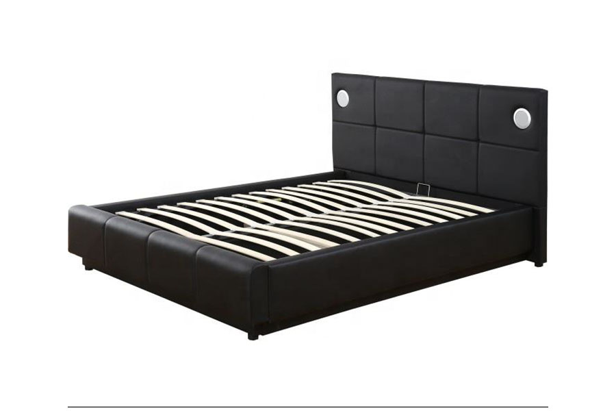 1239-1GS Estructura de cama con almacenamiento y elevación a gas con altavoz musical LED de cuero PU