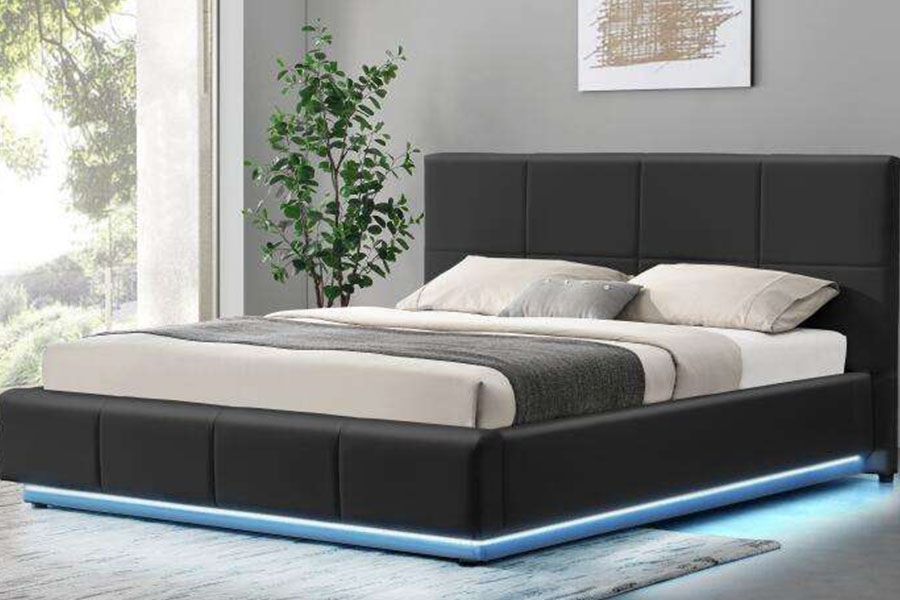 1239-1G Estructura de cama tapizada doble LED otomana de cuero sintético blanco