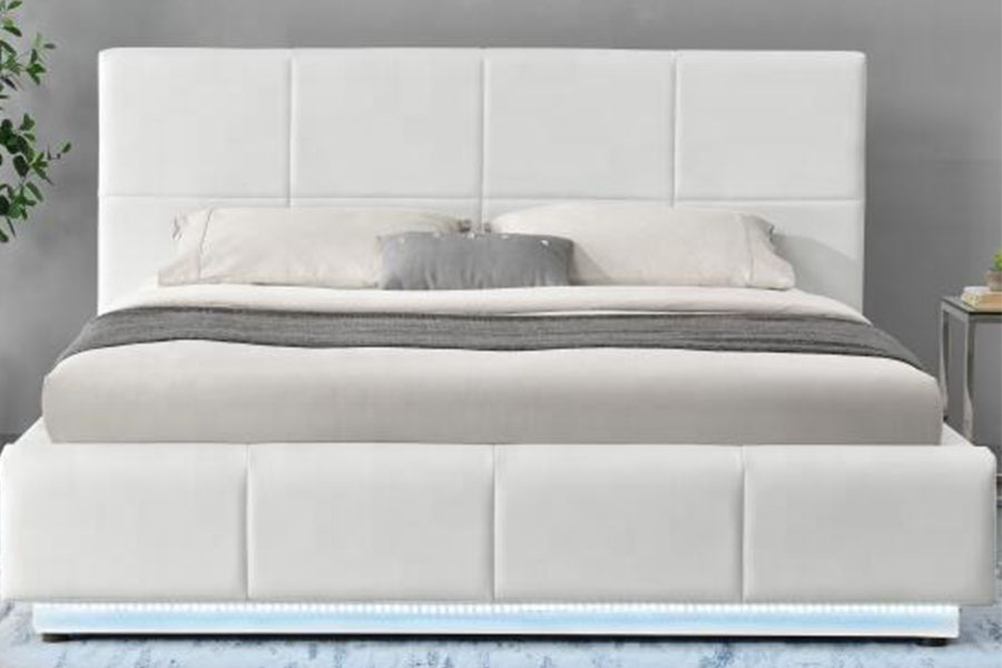 1239-1G Estructura de cama tapizada doble LED otomana de cuero sintético blanco
