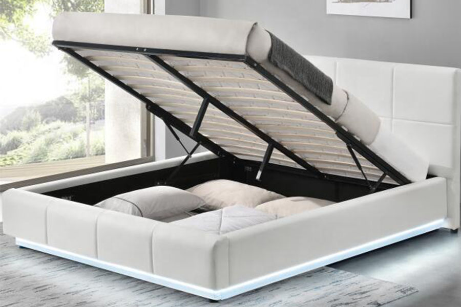 1239-1G Estructura de cama tapizada doble LED otomana de cuero sintético blanco