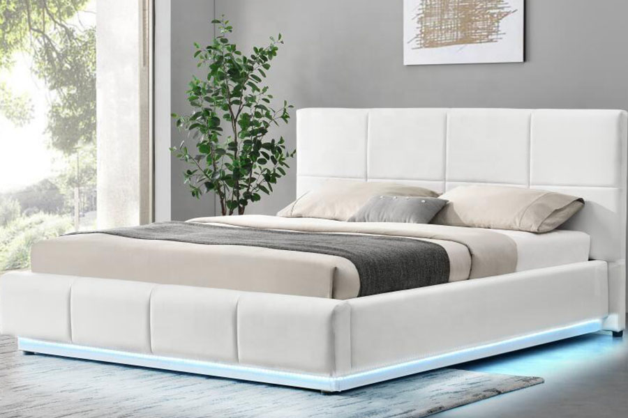 1239-1G Estructura de cama tapizada doble LED otomana de cuero sintético blanco